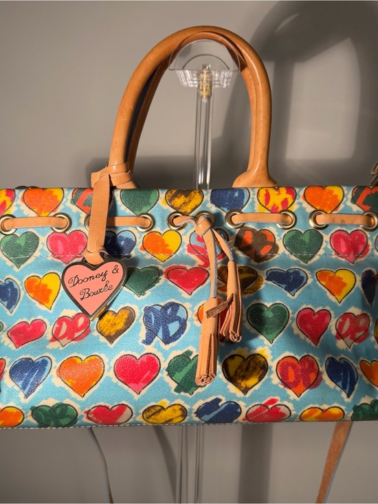 Dooney & Bourke Handbags - Y2K Dooney & Bourke Turquoise Multicolor Heart Print Leather-Trim Tote